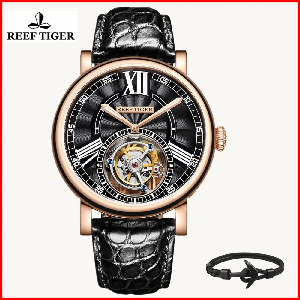 Reef Tiger/RT Роскошные повседневные часы для мужчин розовое золото Аллигатор ремешок Tourbillon автоматические часы relogio masculino RGA1999