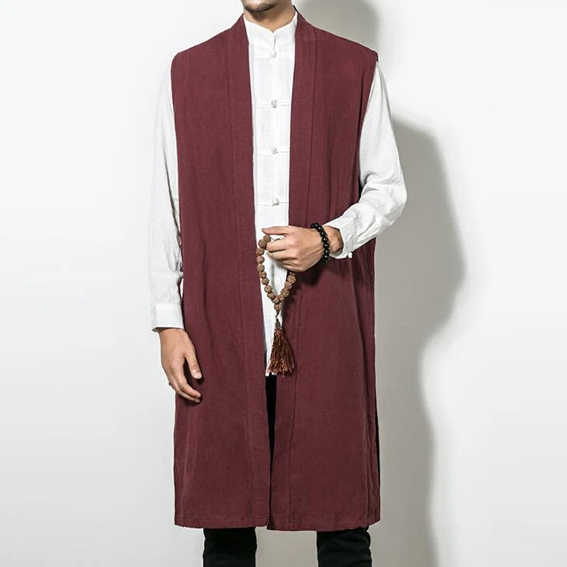 Wine Red INCERUN, китайский стиль, мужской кардиган, без рукавов, жилет, Длинные куртки, Тренч, пальто, верхняя одежда, сплошной цвет, кунг-фу, халат, повседневные пальто - Цвет: Wine Red