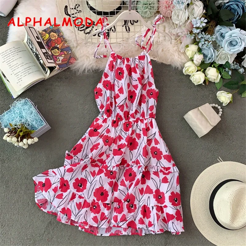 Женское платье на бретельках ALPHALMODA Пляжное с цветочным принтом лето 2019 | Женская