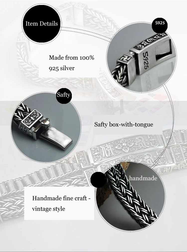 Тайское Серебро ручной работы тибетский шесть слов браслет реальные 925