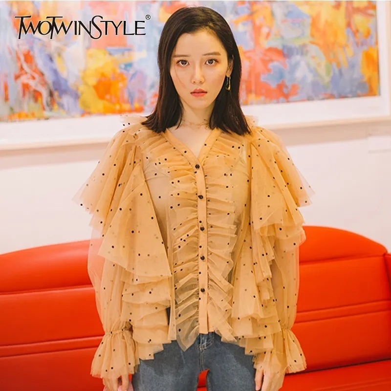 TWOTWINSTYLE лоскутное сетки женская рубашка блузка Женский Flare с длинным рукавом в