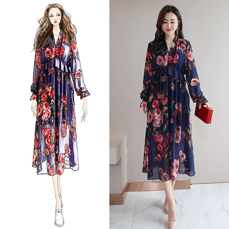 Женское платье в стиле бохо весеннее с длинным рукавом v образным вырезом и
