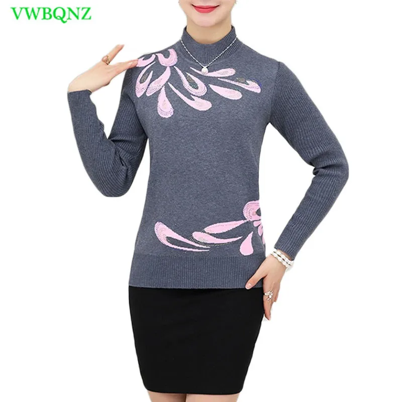 Autumn Winter Warm Pullovers Sweater Middle-Aged Women Flower Printed Wool Sweaters Female Noble Plus size Knitting shirt A681 | Женская