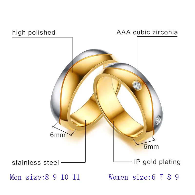Vnox Обручальные кольца кольцо золото Цвет камень cz Кольца для Для женщин/Для