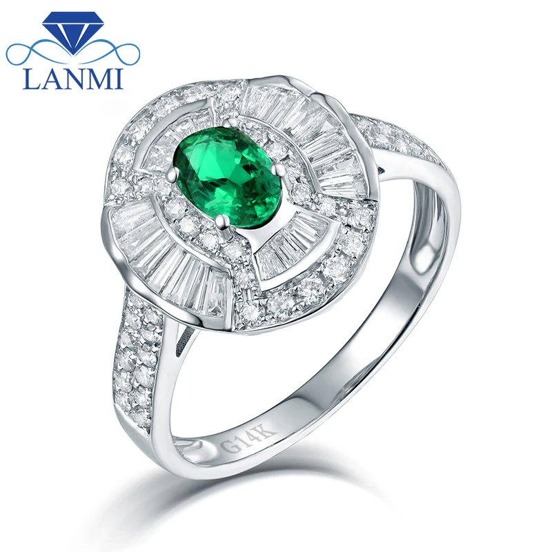 

Solid 14K White Gold Natural Round Baguette Diamond Green Colombia Emerald Promised Rings for Engagement Fine Jewelry
