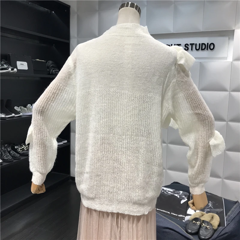ALPHALMODA 2018 осень Милая отделка из оборок тонкий свитер с длинными рукавами