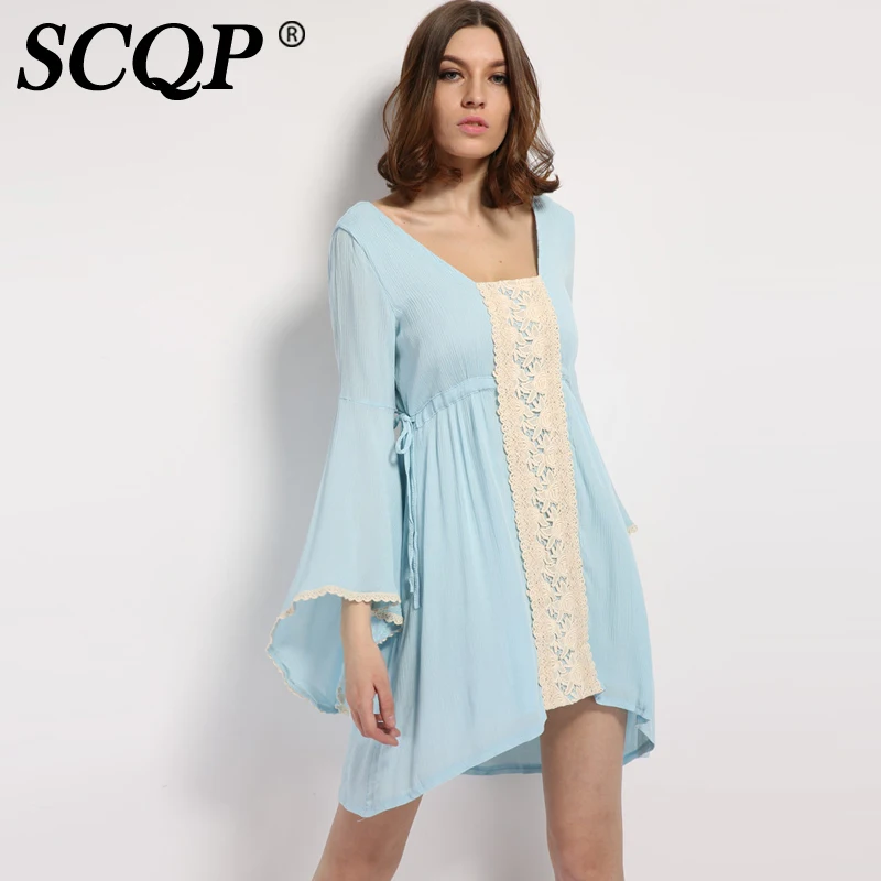SCQP Вышивка Цветочные Лук Богемный Dress Flare Рукавом Дамы Спинки Автопортрет Мини Sexy