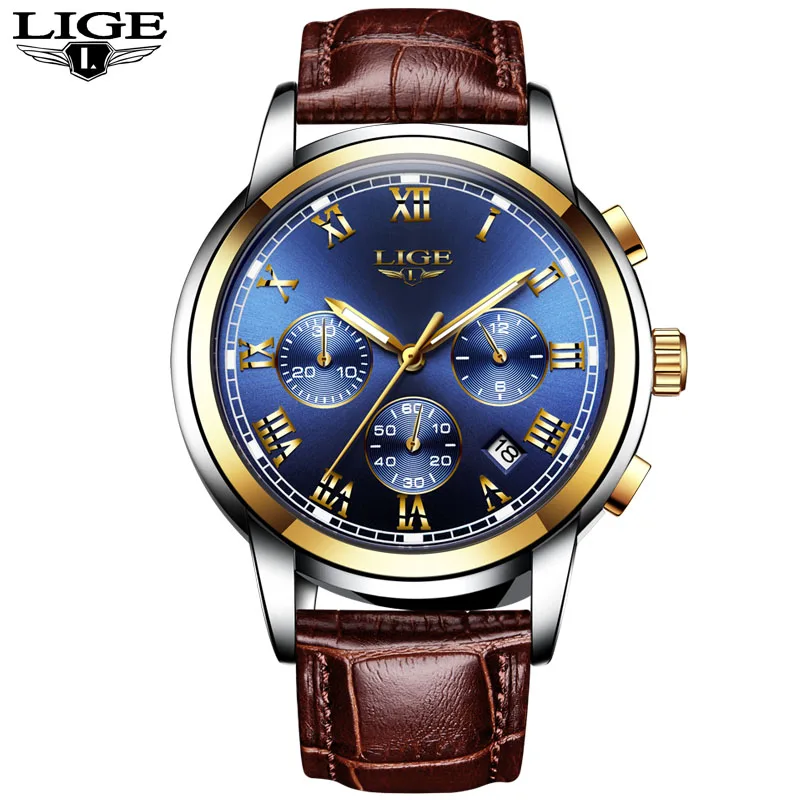 leather gold Blue LIGE Relogio Masculino мужские часы Роскошные Известный Топ бренд мужские модные повседневные кожаные нарядные часы военные кварцевые наручные часы - Цвет: leather gold Blue