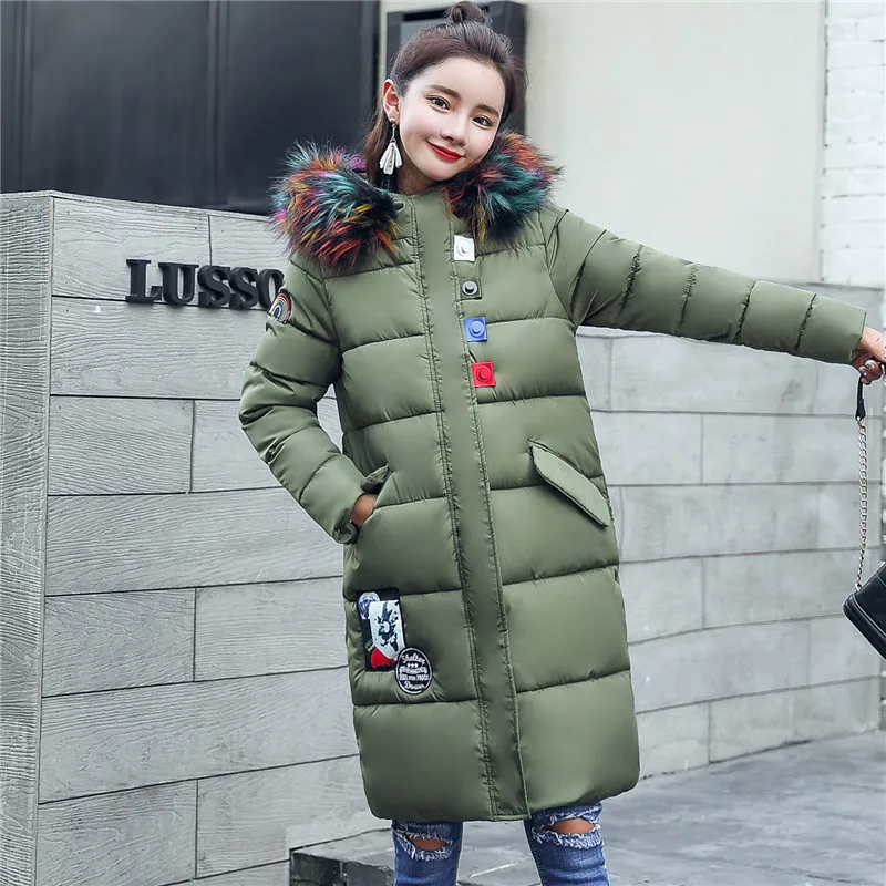 army green Новинка, хлопковое пальто, M-3XL, теплое, модное, с карманами, длинный, тонкий пуховик, с меховым воротником, на молнии, модное, зимнее, Mujer Casaco - Цвет: army green