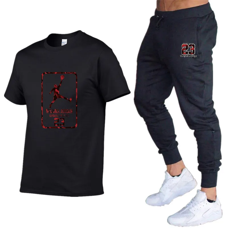 Качественные Брендовые мужские комплекты Jordan 23 футболки+ брюки Мужская брендовая одежда костюм из двух предметов спортивный костюм футболки спортивные залы тренировка набор для фитнеса