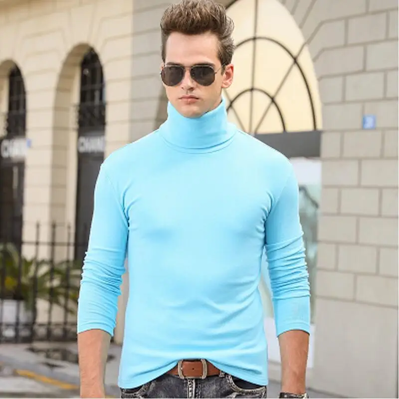 sky blue Футболка мужская футболка с длинным рукавом Водолазка футболки зима весна тонкая Термофутболка s хлопок Удобная модная теплая - Цвет: sky blue