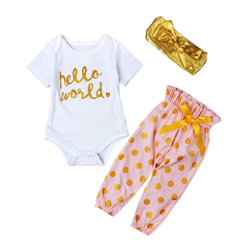 Одежда для маленьких девочек боди + штаны в горошек повязка на голову с бантом