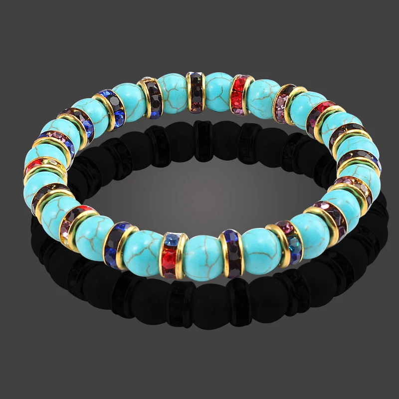 Vintage Boho Blue Turquoises Beads Bracelet Women Charm Natural Stone Men Handmade Strand Elastic Bangles Lover Jewelry | Украшения и