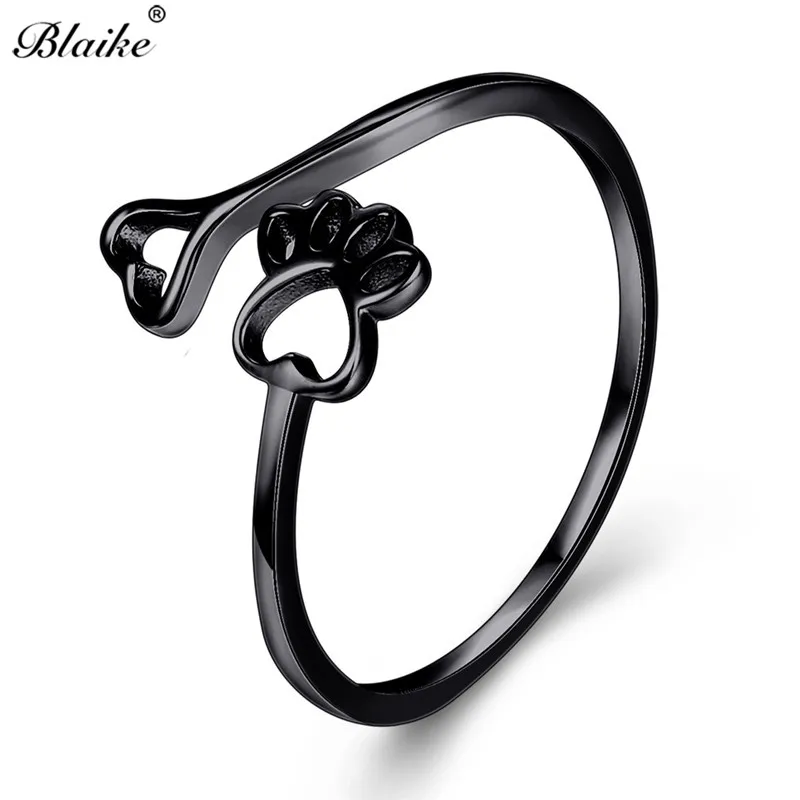 Blaike 925 Sterling Silver Ring Cat Bear Dog Paw Rings For Women Minimalist Cute Animal Claws Heart Thin Ring Fine Jewelry - Цвет камня: Black Gold Ring
