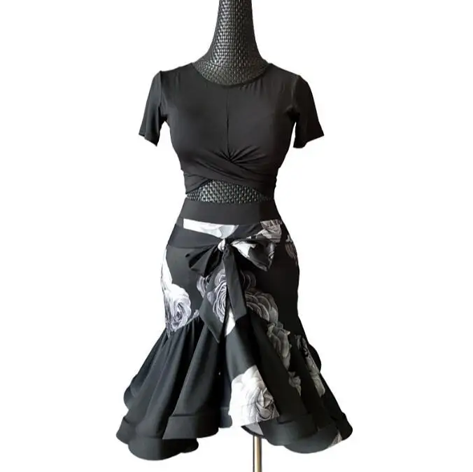 

2020 Fashion Original Latin Dance Costume For Women Lady Black Flower Skirt Sexy Standard Ballroom Salsa Dance Costume S-L