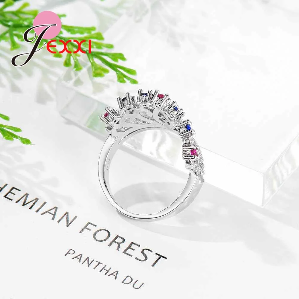 

New Arrival Fashion Jewelry 925 Sterling Silver Female Wedding Bridal Crown Rings With Pink Blue Zircon For Women