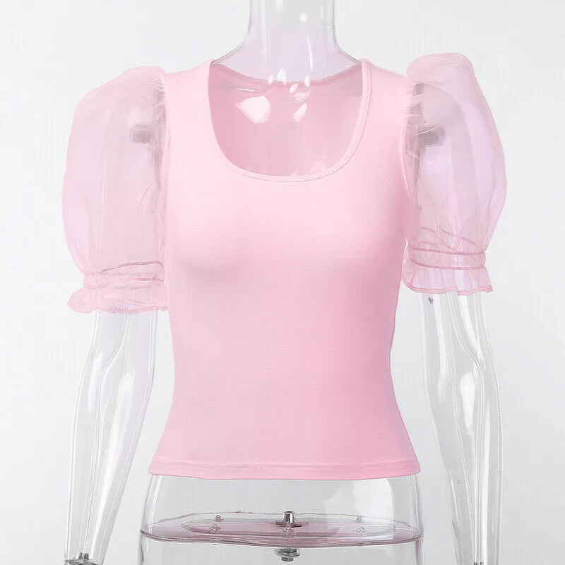 Милые женские футболки с сетчатыми рукавами для девушек 2019 облегающие