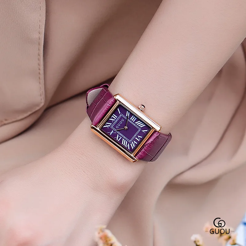 full purple Женские квадратные часы римский цифровой циферблат модные водонепроницаемые кожаный ремешок для часов кварцевые часы g8177 - Цвет: full purple