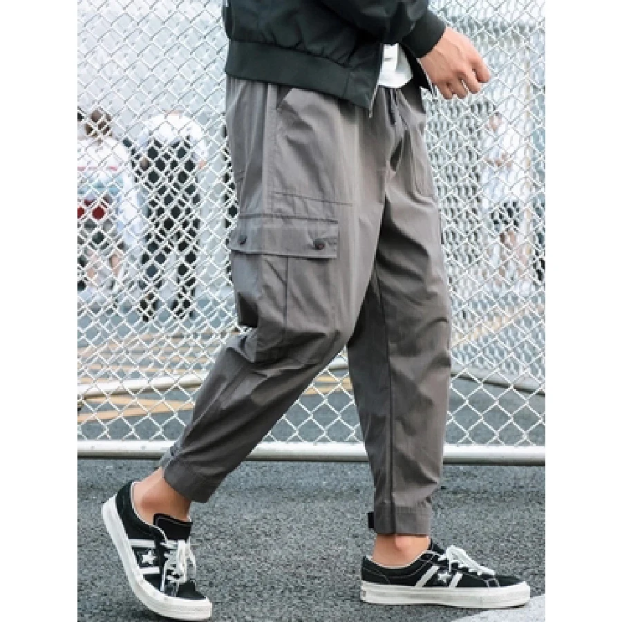 Мужские повседневные свободные штаны до щиколотки с карманами 5XL черные шаровары