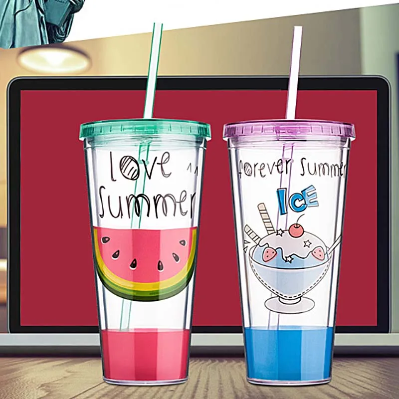 Модная двухслойная пластиковая бутылка для воды с соломинкой без бисфенола А