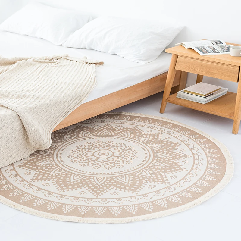 Cotton Hand Woven Mandara Printed Tassels Design Round Rugs Machine Washable Carpets for Living Room Bedroom Black Beige | Дом и сад