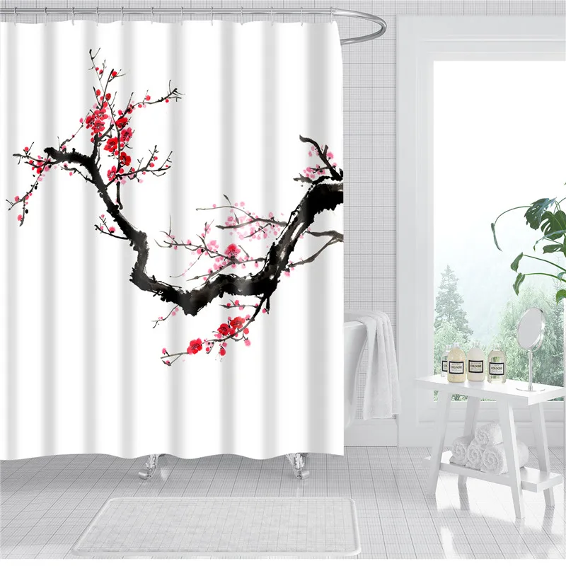 Red Flowers Printed 3d Shower Curtains Waterproof Polyester Fabric Bathroom Screen Chinese Style Bath Curtain Set with Hooks