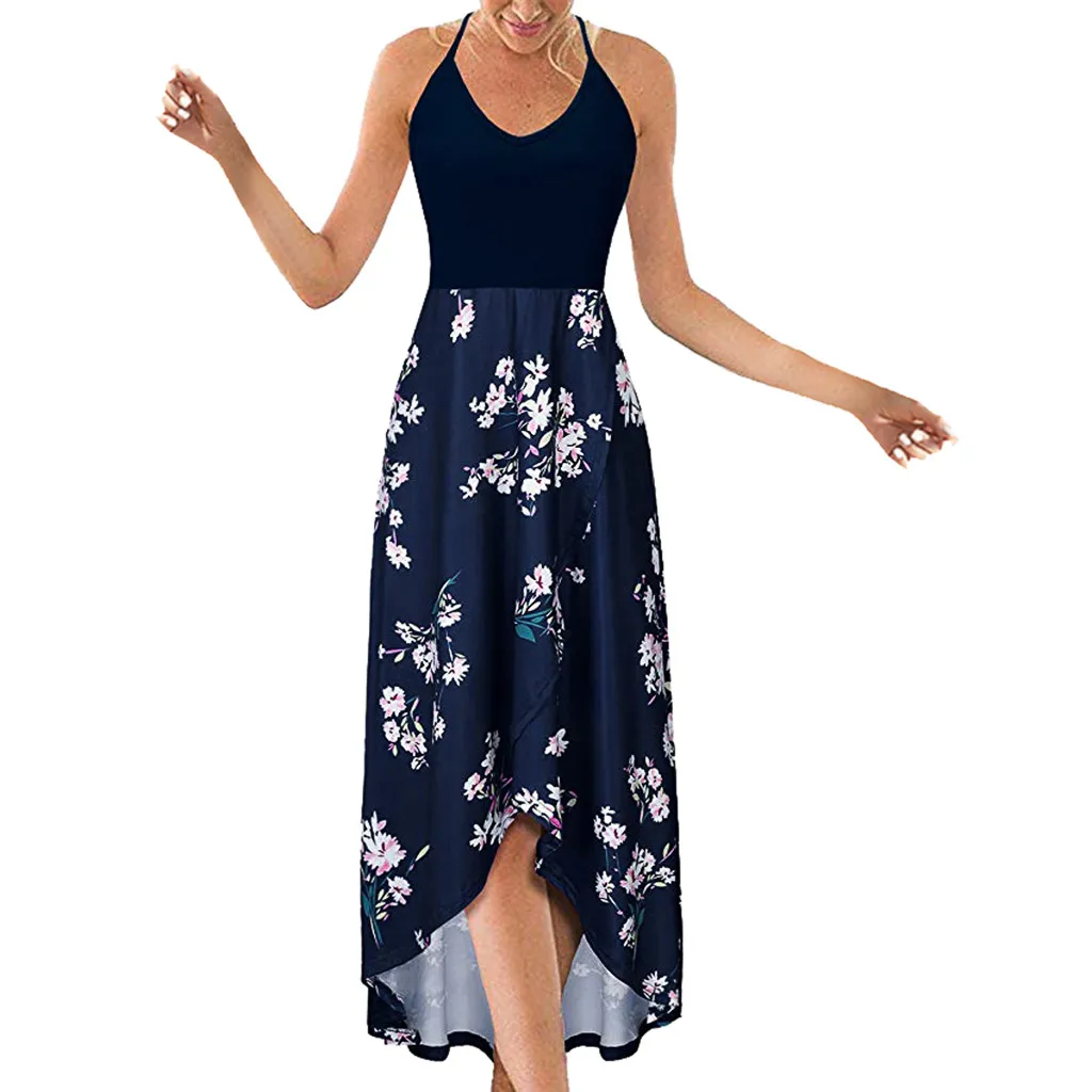 Летнее женское асимметричное платье с v образным вырезом без рукавов открытыми