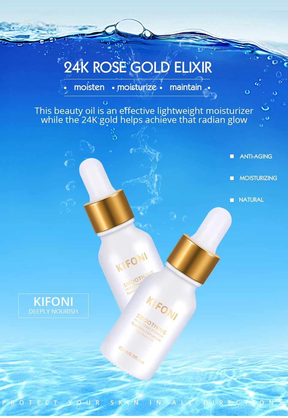 KIFONI, 24 k, розовое золото, эликсир, масло для макияжа кожи, эфирное масло для лица, перед праймером, косметика/основа Увлажняющая, масло для лица, омолаживающее
