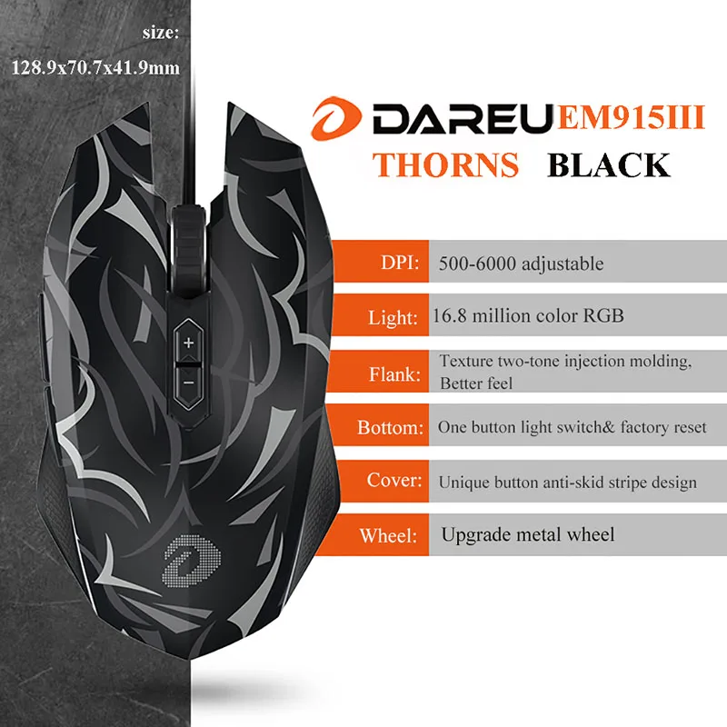 III THORNS BLACK Оригинальная мышь Dareu Wrangler EM915 3-го поколения 16,8 миллион цветов dpi 6000 игровая мышь программируемая мышь интернет кафе мышь - Цвет: III THORNS BLACK