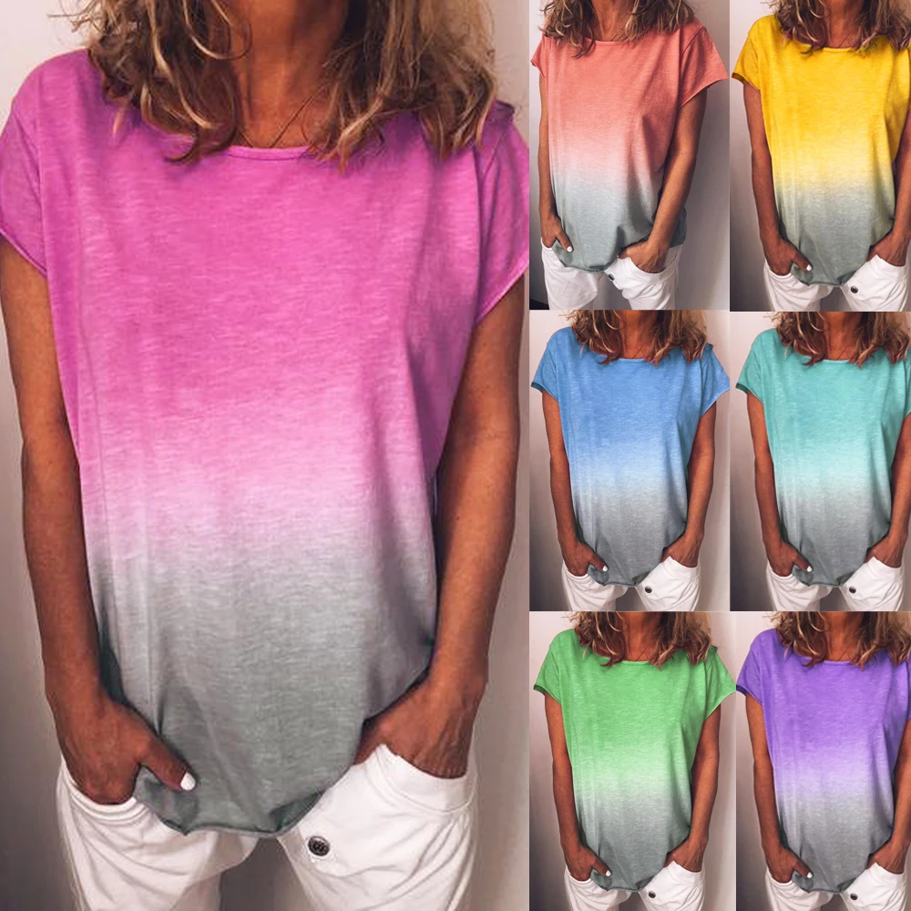 Футболка женская с радужным градиентом Повседневный хлопковый топ коротким