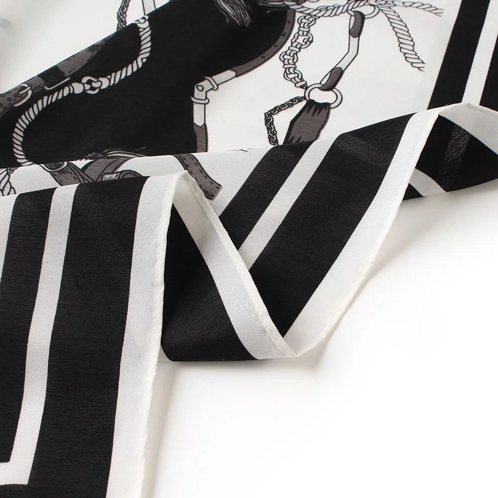 Женский шёлковый квадратный шарф BQACCES черно-белый Шелковый шарф-Жоржет с принтом