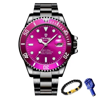 Purple BlackSteel TEVISE, модные мужские часы, Топ бренд, роскошные повседневные кварцевые часы, мужские водонепроницаемые спортивные часы из нержавеющей стали, Relogio Masculino - Цвет: Purple BlackSteel