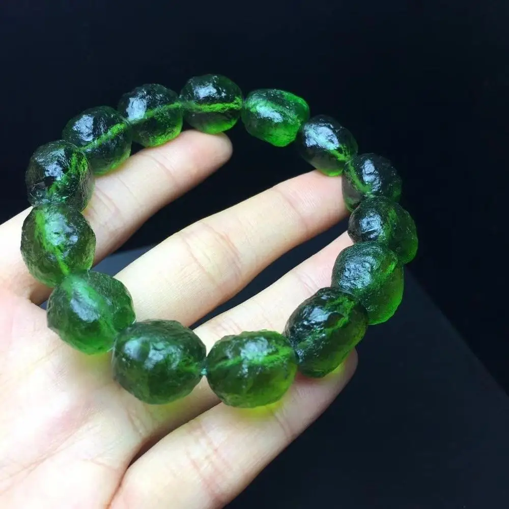 15 мм зеленый драгоценный камень MOLDAVITE метеорит ударопрочный стеклянный браслет