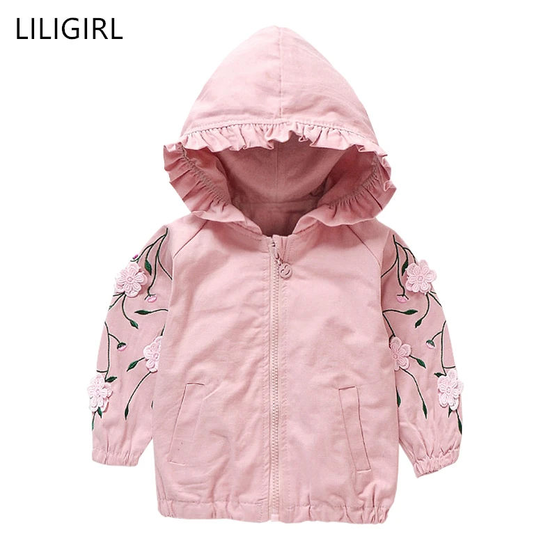LILIGIRL Autumn New Baby Girl Clothes Kids Coats Jackets Fashion Flower Embroidery Hoodies Jacket Children Cotton Trench Coat |