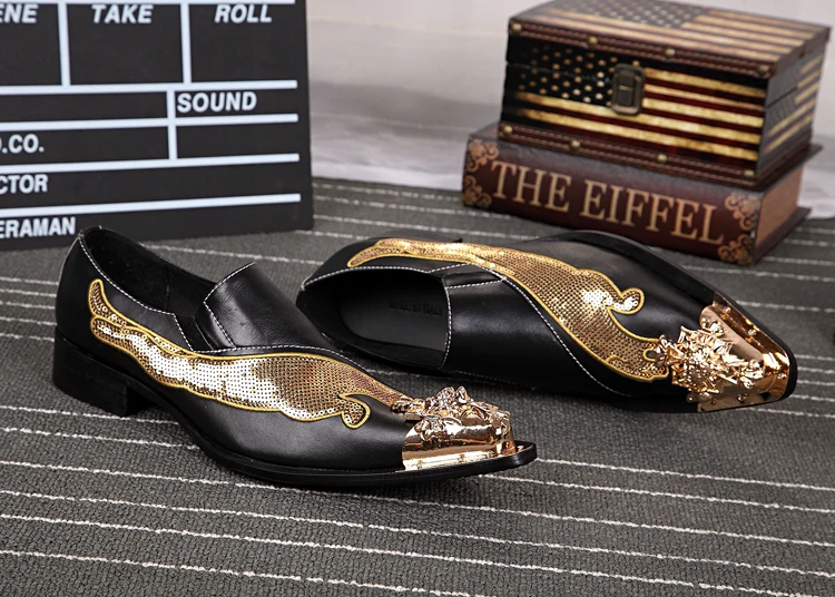 

Plus Size 38-46 2018 New Fashion British Style Pointed Toe Genuine Leather Business Style Party Shoes for Men Gold Wedding Shoes