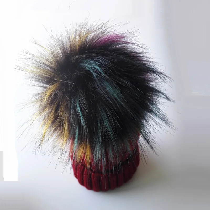 KNB040B Wholesale 10pcs/lot Winter Warm Beanies Knit Hat Women Slouchy 15cm Rainbow Faux Fur Pom pom Skullies Cap Bonnet