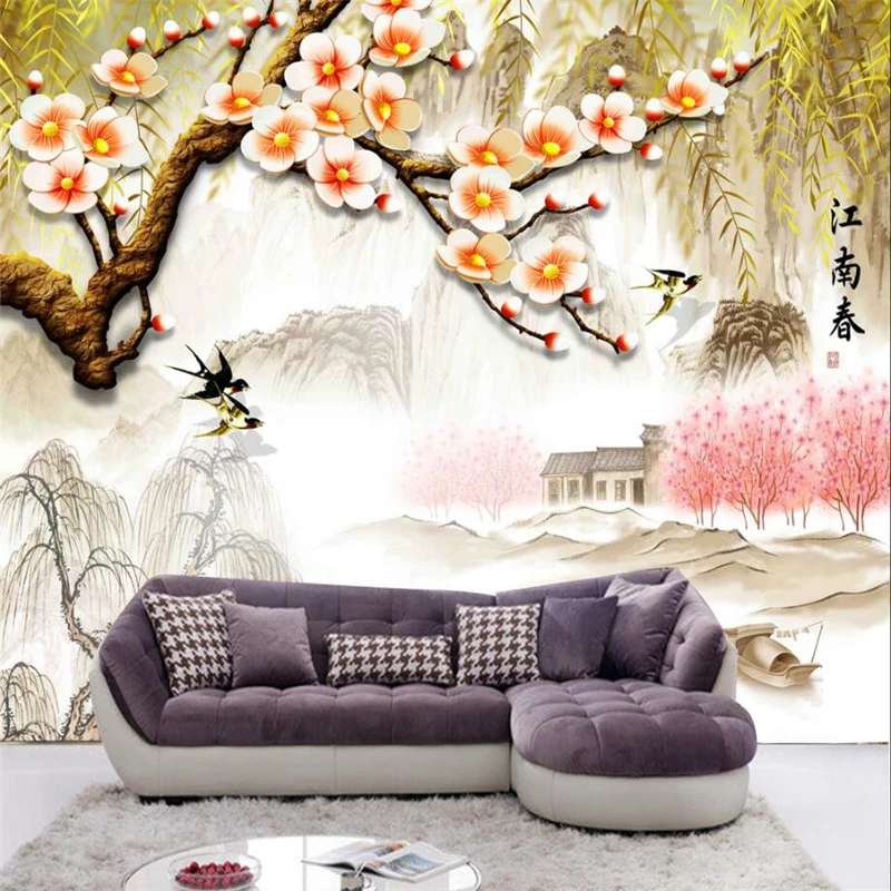beibehang Wall paper mural room custom HD ink landscape murals Jiangnanchun relief plum background wall decoration | Обустройство