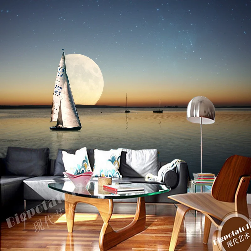 

Customized papel de parede 3d, sunset moon sea sailboat mural used for living room bedroom sofa background decorative wallpaper