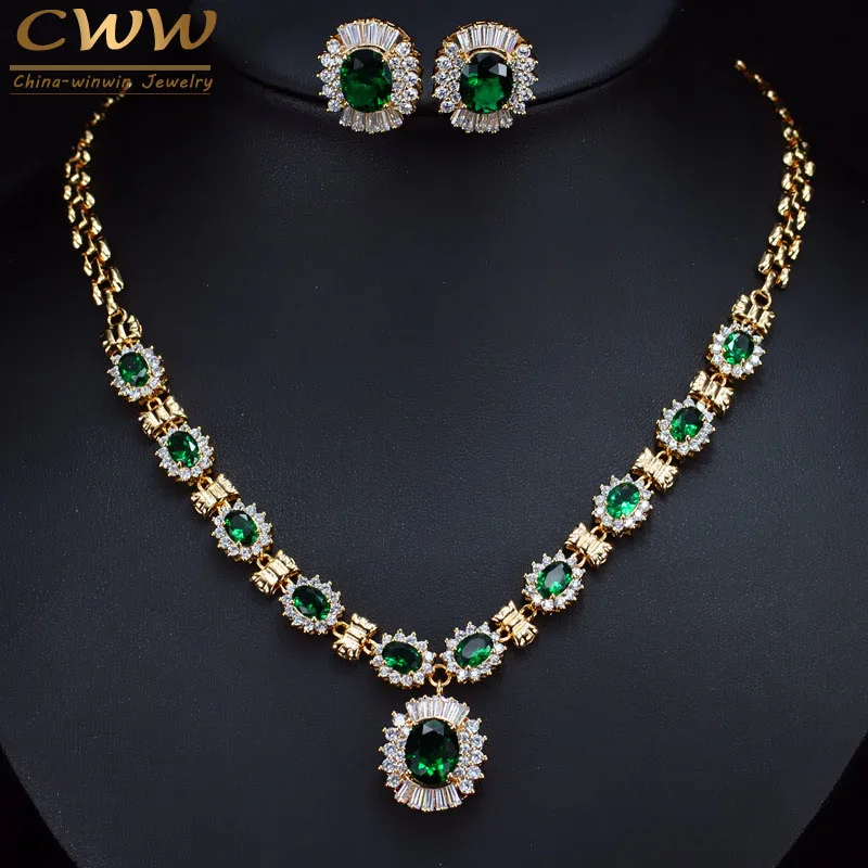 green CWWZircons Блестящий Круглый Висячие капли фиолетовый кристалл свадебное ожерелье и серьги набор Дубай золотой цвет свадебные ювелирные изделия T275 - Окраска металла: green