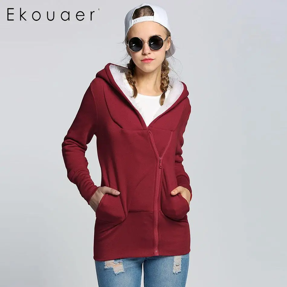 Женское пальто с капюшоном Ekouaer куртка толстовки теплая на молнии женская модная