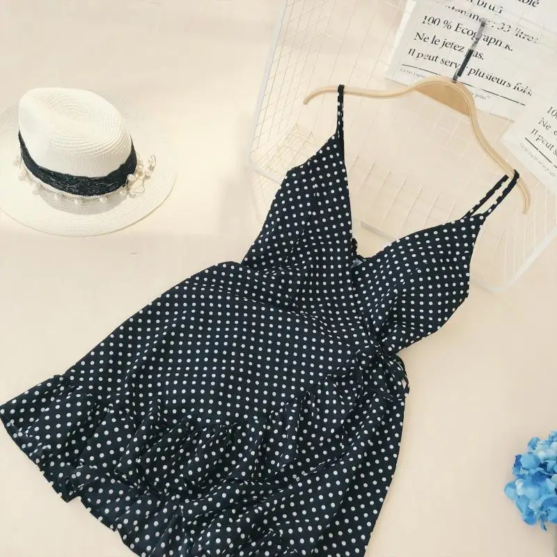 

zomerjurk dames 2019 Irregular Ruffled Strap Polka Dot Dress Summer Women Dress Bohemian Retro Fashion V-neck Backless Dress