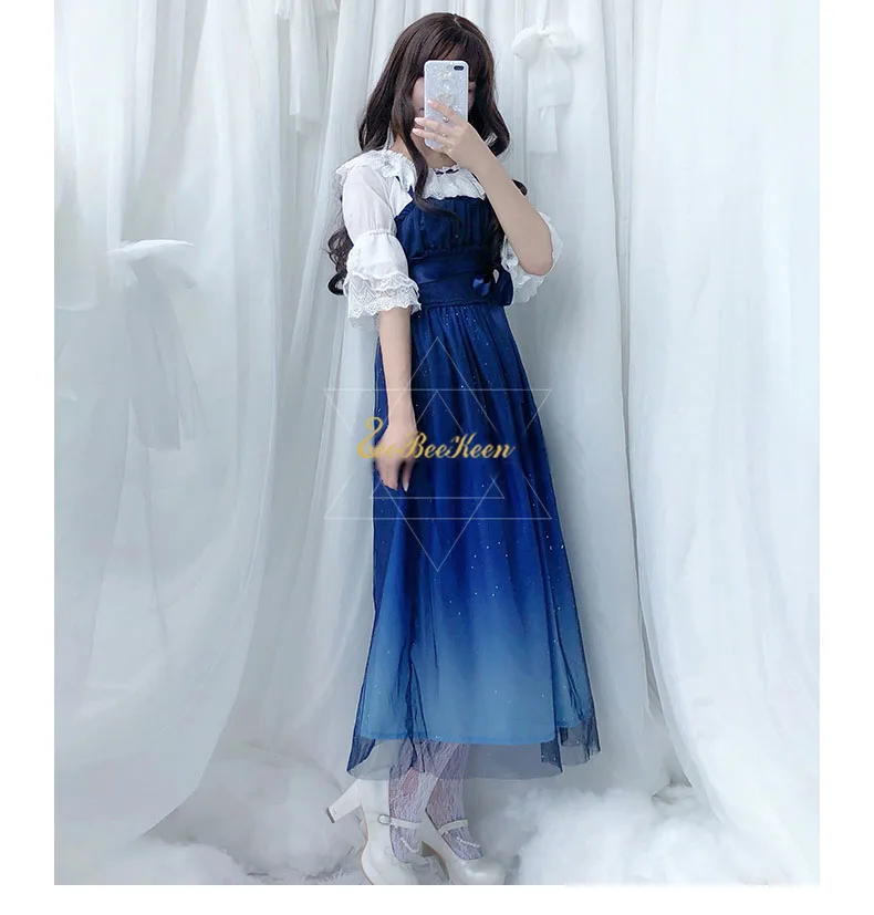 Летнее платье для взрослых Hanfu для женщин шифоновое платье на бретельках звездное небо градиент JSK лолита кружевное платье для девочек весенний милый костюм Лолиты
