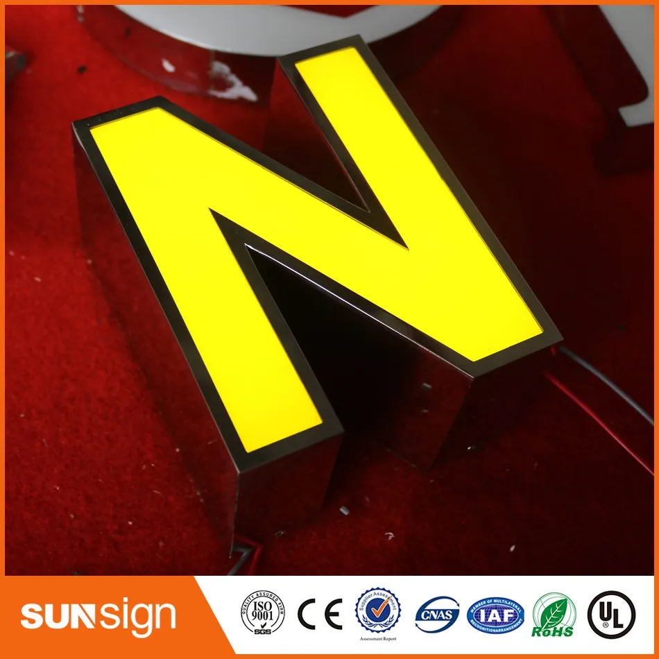 Chain stores acrylic letter surface mirror stainless steel LED channel letter sign