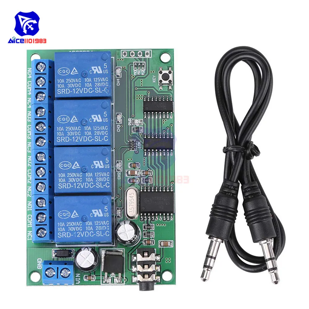 AD22B04 4-Канальный Релейный MT8870 DTMF тон декодер сигналов дистанционного Управление триггерный релейный модуль, работающего на постоянном токе 12 В для PLC умного дома с 3,5 мм кабель