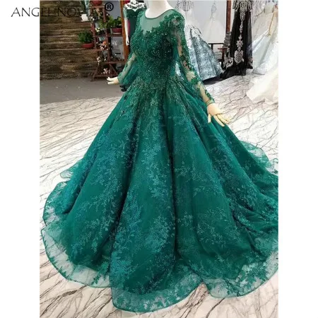 Зеленый ANGEL NOVIAS кружевное роскошное бальное платье с длинными рукавами зеленое мусульманское свадебное платье из Саудовской Аравии Abito Da Sposa Principess - Цвет: Зеленый