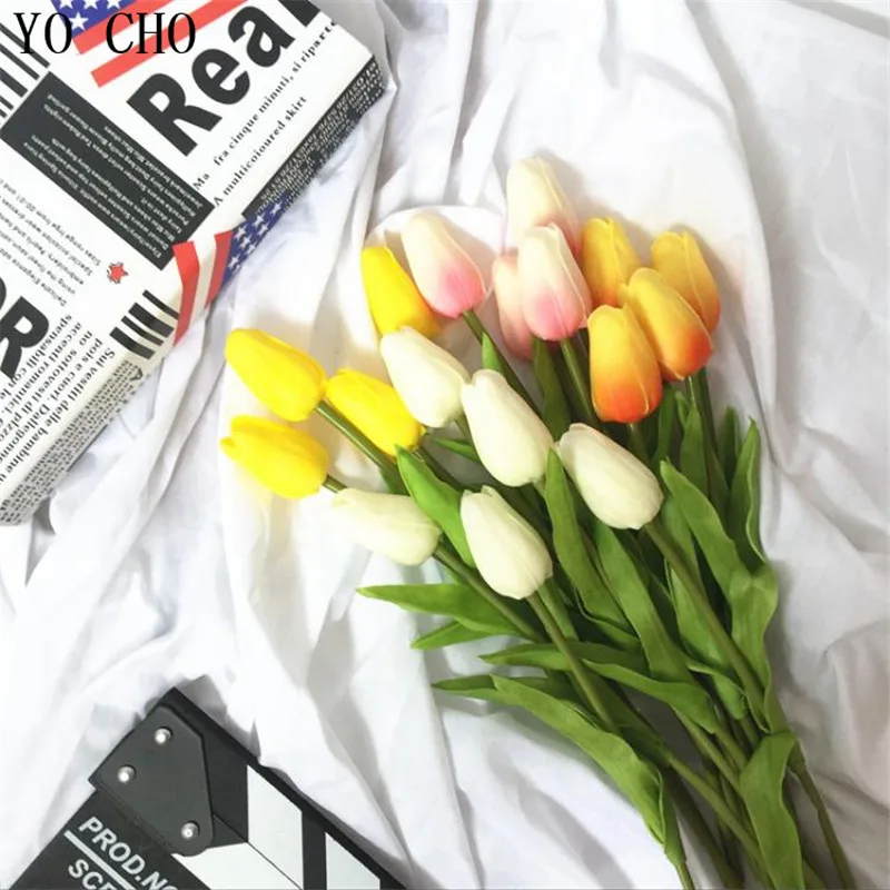YO CHO 11Pcs Pu Mini Tulips Fake Flowers For Bride Bouquet Family Party Garden Wedding Decor DIY Artificiales Flowers Plants