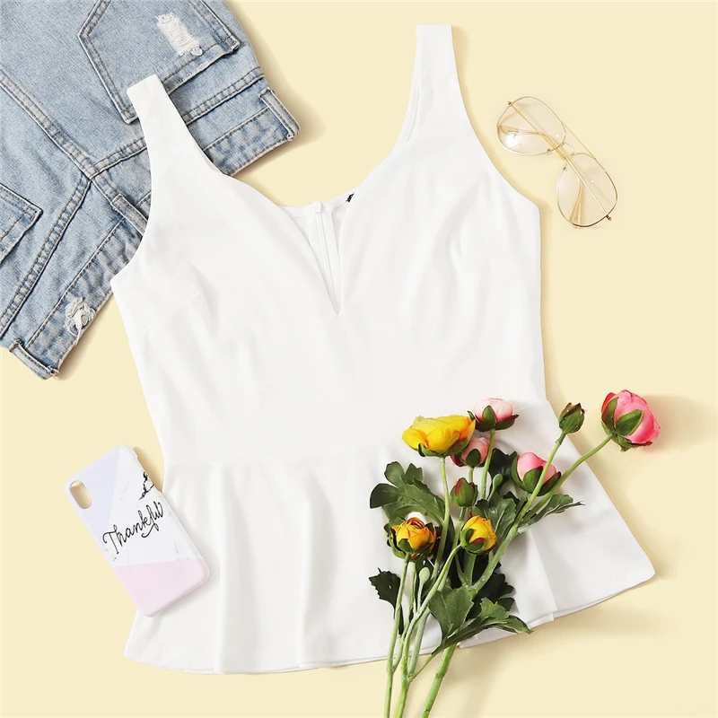 SHEIN сексуальный белый топ на молнии с вырезом на спине и баской, женская летняя приталенная однотонная, элегантные жилеты для улицы