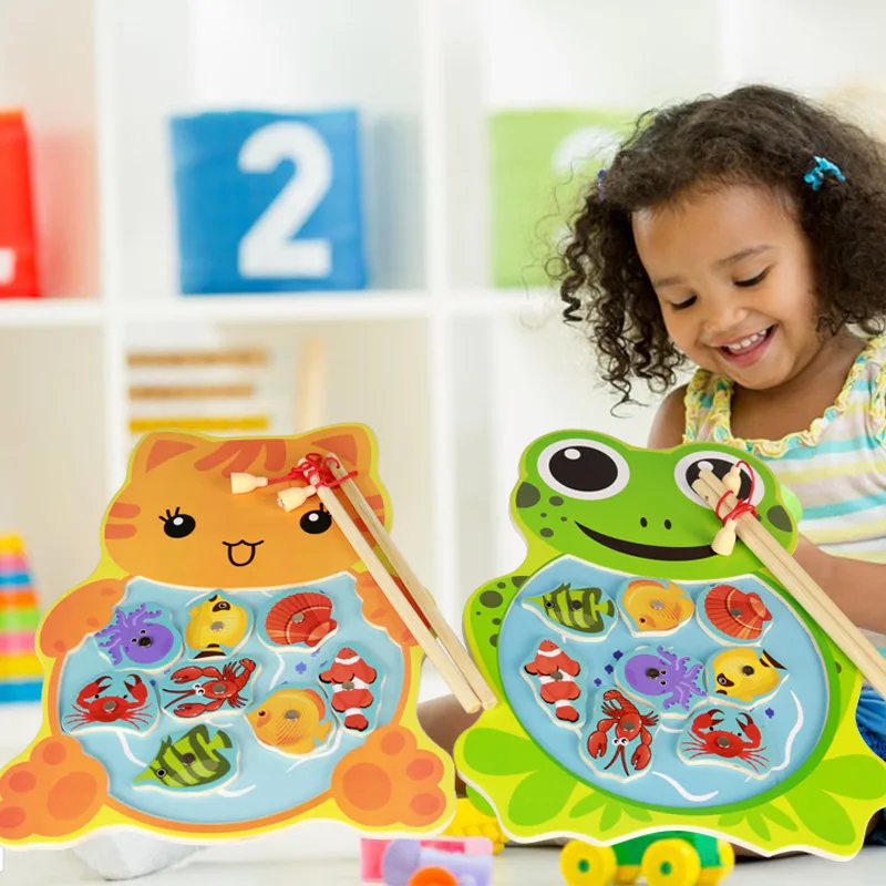 

Wooden Magnetic Double Pole Fishing Toy Magnetic Cute Animal Frog Cat Fishing Parent-child Toy Fish Outdoor Play Set