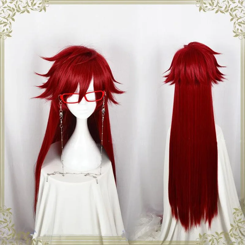 

Kuroshitsuji Black Butler Grell Sutcliff Red Long Straight Heat Resistant Hair Cosplay Costume Wig Without Skull Chain Glasses