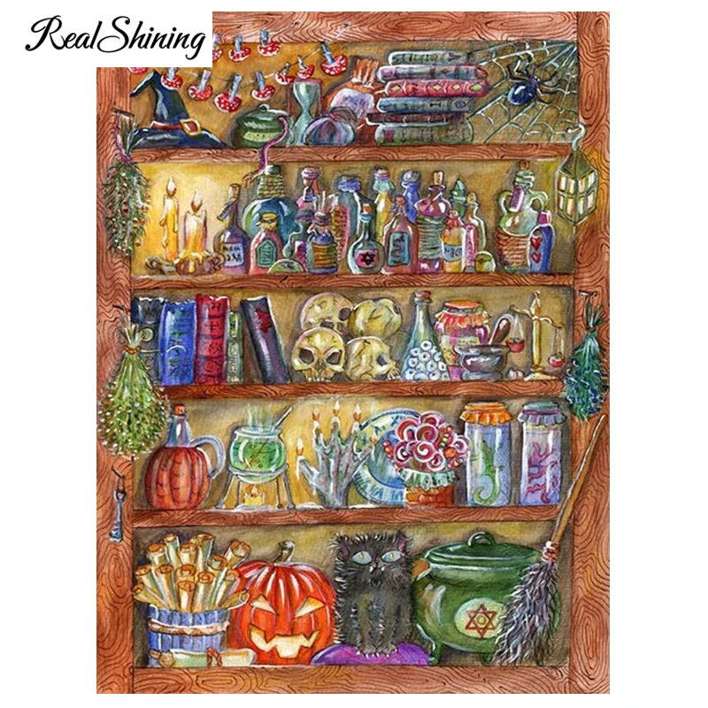 

REALSHINING Halloween Bookshelf Full Square Cross Stitch Rhinestones Mosaic Diamond Embroidery 5D DIY Diamond Painting FS1869